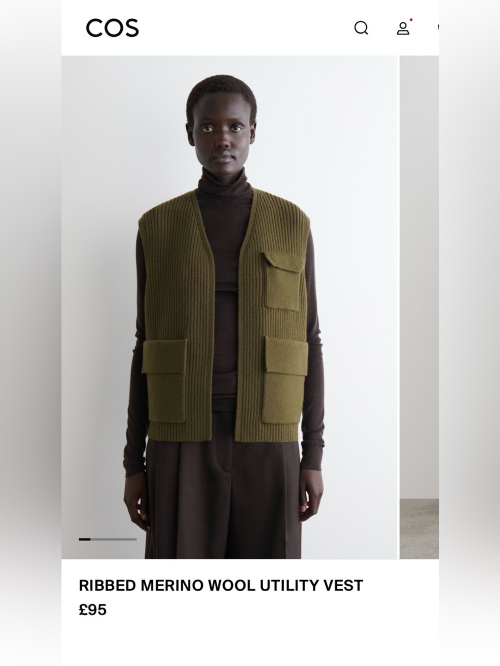 COS Military Olive Green Ribbed Merino Wool Cardigan Vest